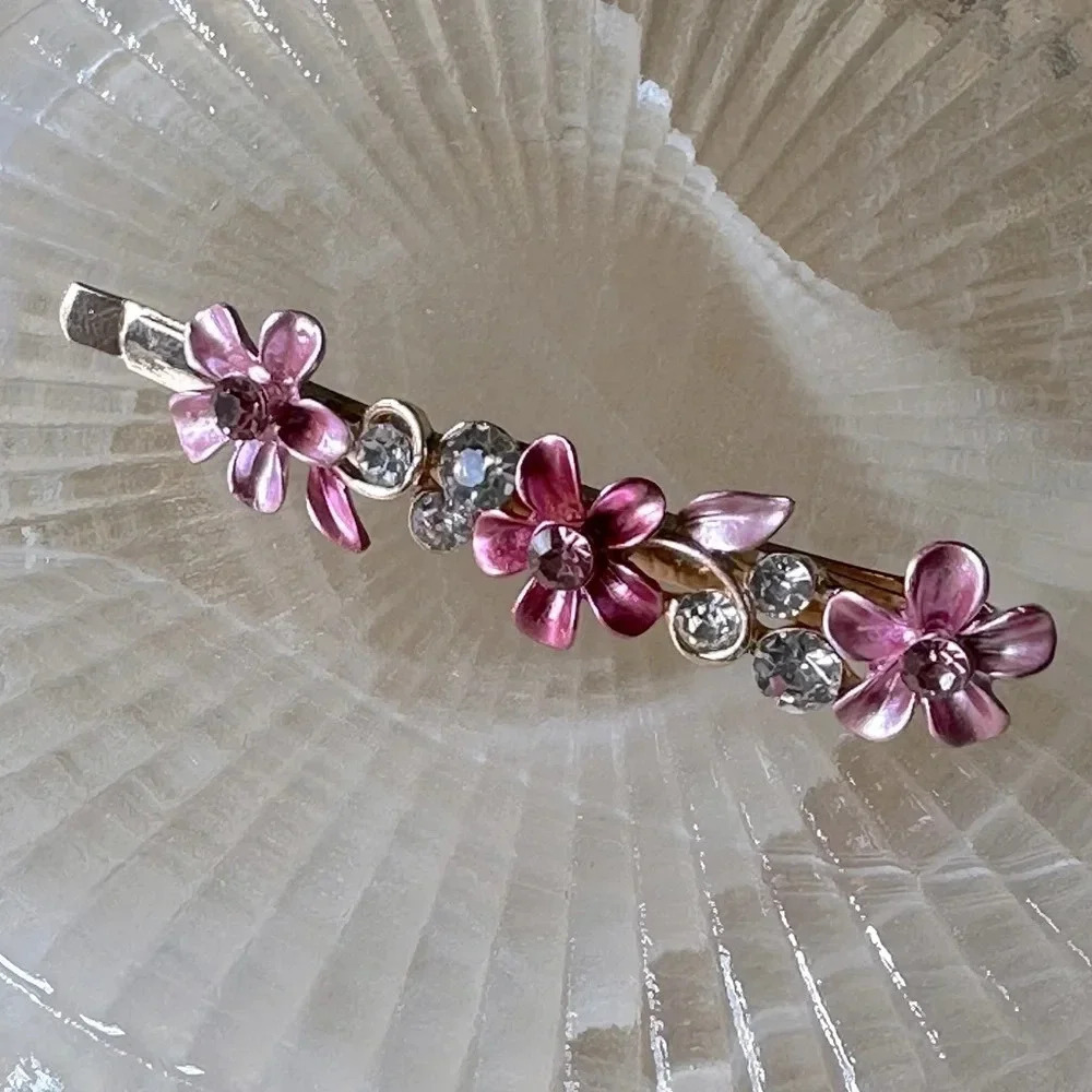 Pink Floral Romantic Gold Hair Pin w/ Crystal Rhinestones & Enamel